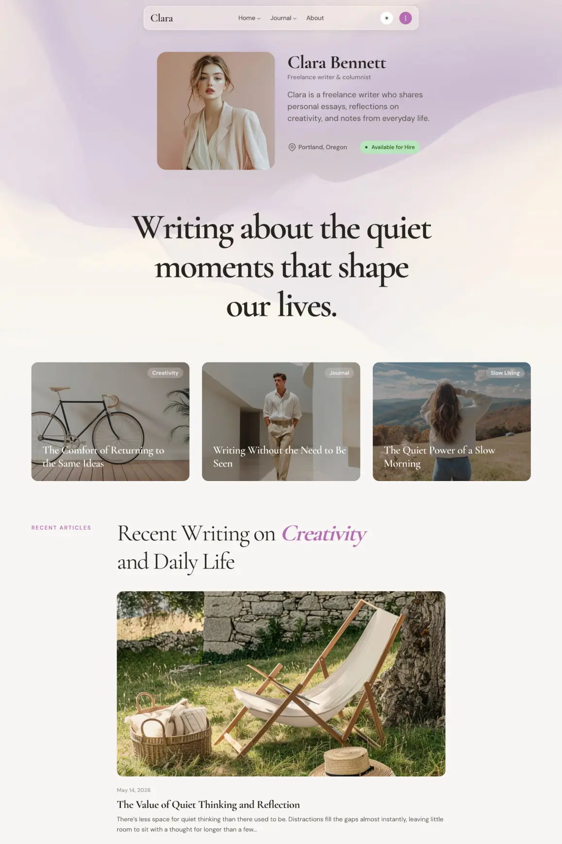 Clara demo — personal blog theme for writers and copywriters
