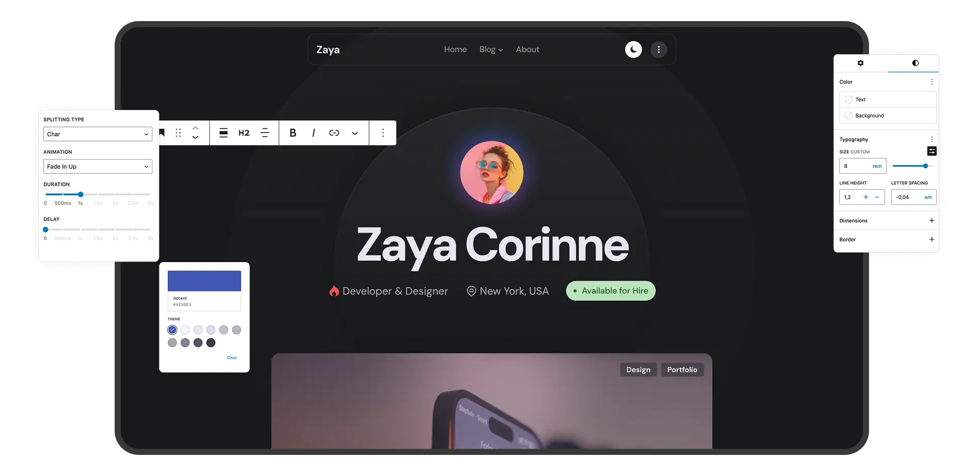 Zaya WordPress theme homepage in dark mode